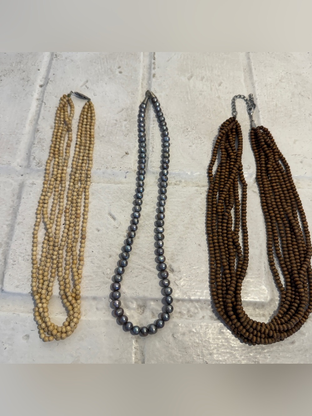 VTG Beaded Necklace Lot | Dark Wood Multi-Strand, Pearl, Cream Beads